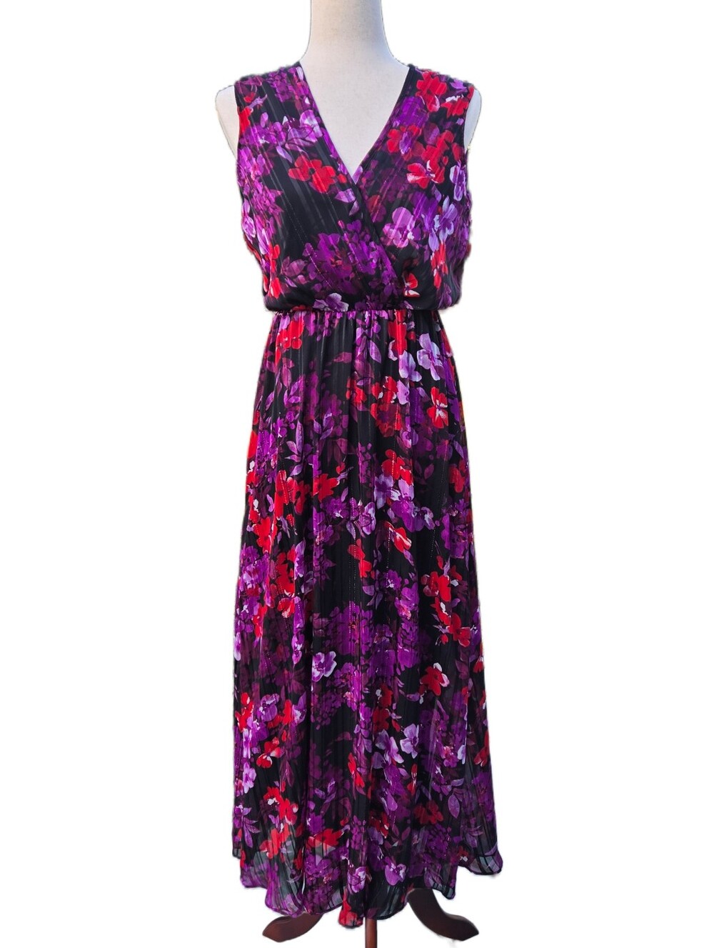 ​MSK Floral Maxi Dress Size 4 Faux Wrap V-Neck Jewel Tone And Metallic Threading